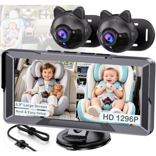 1296P Dual Baby Car Camera for 2-Kids: 6.9" Large Split-Screen for Two-Seat