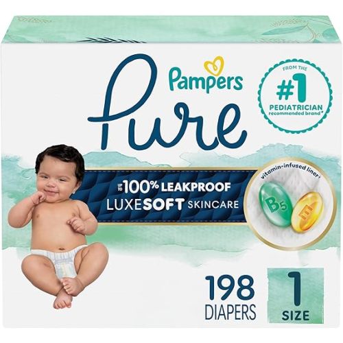 Pampers Pure Baby Diapers, Size 1 (8-14 lbs), 198, Up to 100% Leakproof, Premium Hypoallergenic Soft Diapers