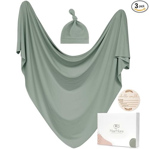 MairMore Baby Swaddle Receiving Blankets with Matching Beanie Set Newborn Nursery Swaddle Wrap for Baby Girls and Boys (Green)