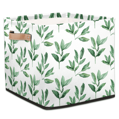 CURLYOOT Sage Green Cube Storage Bin, 13 x 13 x 13 Storage Cube Bins for Organizing, Spring Leaves Fabric Foldable Closet Baskets with Handles for Closet, Shelves, Clothes