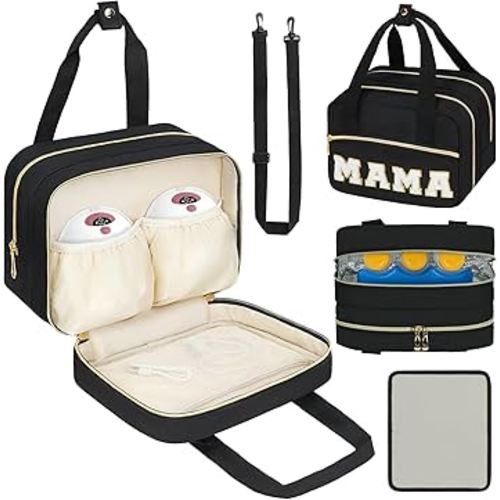 Wearable Breast Pump Bag,Breastmilk Cooler Travel Bag Compatible with Momcozy/Medela/Elvie/Willow Breast Pump with Ice Pack and Waterproof Mat,Black(Letter)