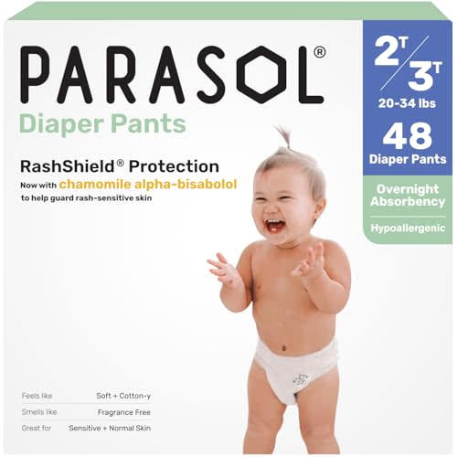 Parasol Chlorine Free Disposable Diaper Pants, Size 4 (2T-3T) 48 Count, Pull On Style with RashShield Protection and Active 360 Comfort Wrap, Hypoallergenic Training Diaper