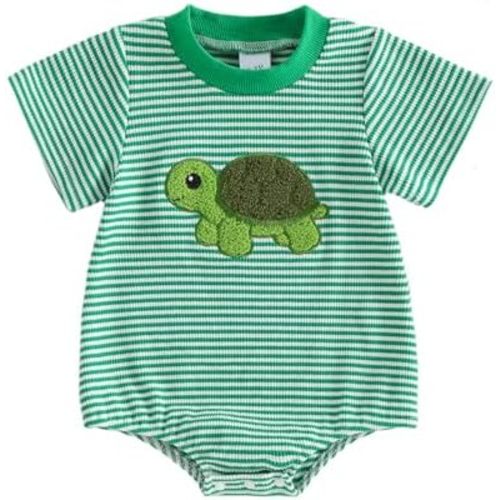 Newborn Boy Turtle Romper Short Sleeve Waffle Striped Shark Bodysuit Summer Clothes Infant Baby Sea Animal Outfit