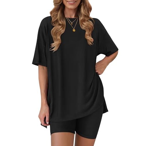 RUBZOOF Women's 2 Piece Lounge Sets 2026 Casual Summer Airport Travel Outfits Oversized Shirts Biker Shorts Matching Clothing