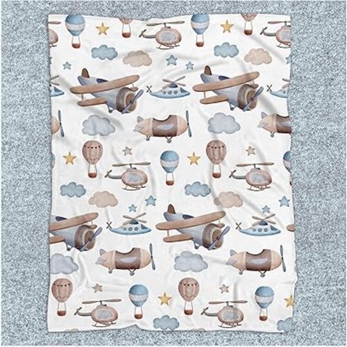 Airplane Baby Blanket, Hot Air Balloon Baby Nursery Bedding Blanket, Custom Airplane Baby Receiving Fleece Blanket, Airplane Bedding Crib Decor for Baby Shower, 1st Christmas