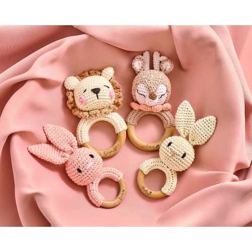 Personalized Baby Rattle, Montessori Toy, Wooden Baby Rattle, Baby Shower Toy, Baby Rattle, Baby Gift, Crochet Animal Rattle, Birthday Gift