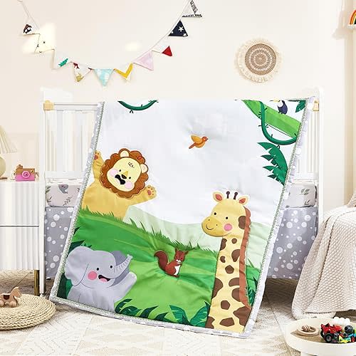 3-Piece Crib Sets for Boys Girls - Ultra Soft Safari Crib Bedding Set Includes Crib Comforter, Sheet & Skirt (Happy Animals)