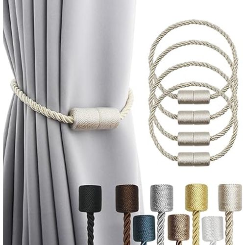 4 Pack Strong Magnetic Curtain Tiebacks Outdoor Elegant Decorative Tie Backs Modern Rope Tiebacks for Drapes Window Curtain Holdbacks for Draperies- Beige