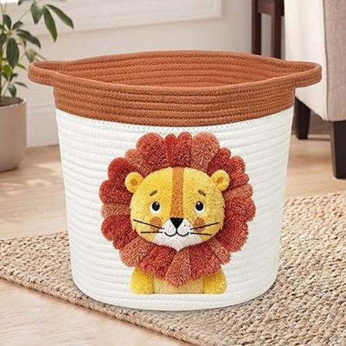 Leinuosen Large Cotton Rope Baby Basket for Nursery 15"x12" Laundry Basket with Handle Lion Jungle Animal Cute Foldable Roomy Storage Organizer for Diaper Caddy Newborn Essentials