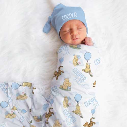 Classic Winnie the Pooh PERSONALIZED Swaddle Set - Bear Baby Shower Gift, Coming Home Outfit Custom Baby Blanket