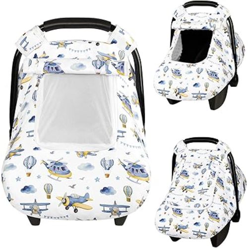 Car Seat Cover Baby Boys Girls, Infant Carseat Canopy for Newborn with Breathable Mesh Peep Windows, Ultra Soft Windproof Baby Carseat Covers for All Seasons, Blue Airplane