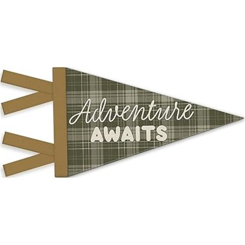 Adventure Nursery Decor, Adventure Awaits Pennant Felt Banners Flags, Retro Green Plaid Inspirational Wall Hanging Decor for Kids Boys Toddler Nursery Room Bedroom Playroom