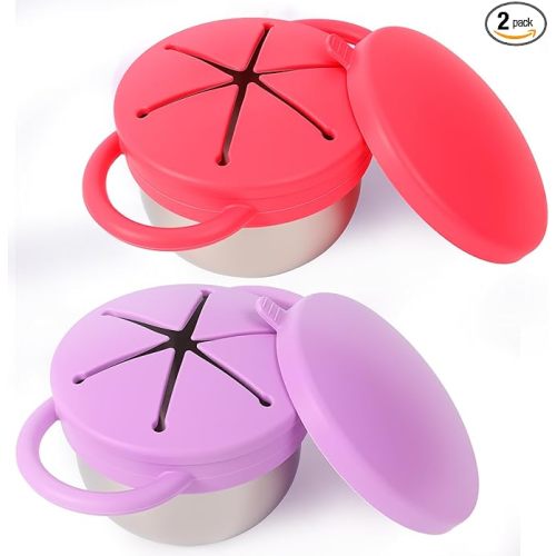 2 Pack Stainless Steel Baby Snack Cups for Toddlers Kids with Silicone Food Catcher, Travel Lid, Spill-Proof Bowl Containers, Toddlers Essentials