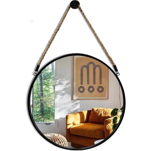 POZINO Round Mirror, 15" Rope Hanging Mirror, Farmhouse Circle Mirrors, Black Metal Frame Wall Mirrors for Bathroom, Bedroom, Living Room, Entryway, Fireplace, Home Decor