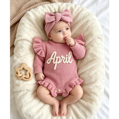 Personalised Knitted Baby Romper, Custom Embroidered Name Baby Outfit, Baby Girl Ruffle Summer Romper, Chunky Newborn Knit Romper, Baby Gift
