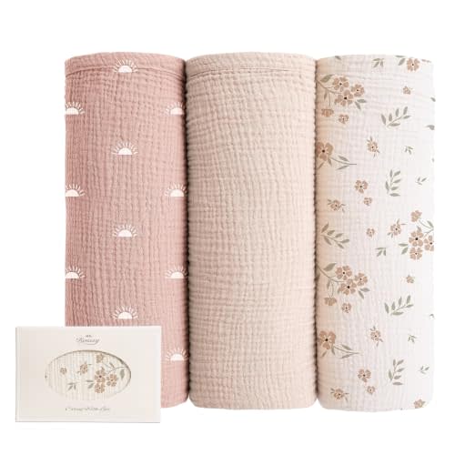 Konssy Muslin Swaddle Blankets, 100% Cotton Receiving Blankets, 47"x 47" | 3 Pack, Soft & Lightweight, Perfect for Receiving & Swaddling, Newborn to Toddler, Boys & Girls (Peach Blossom Sun)