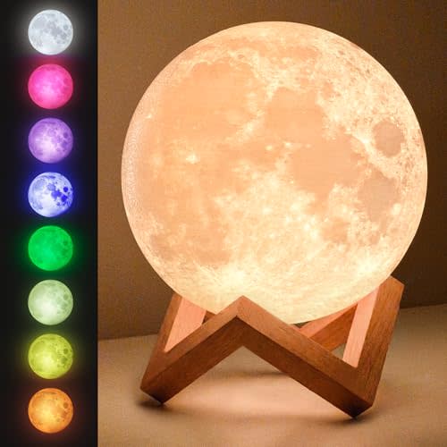 Mind-glowing 3D Moon Lamp - 16 LED Colors, Dimmable, Rechargeable Night Light (Large, 5.9in) with Wooden Stand, Remote & Touch Control - Nursery Decor for your Baby, Birthday Gift Idea for Women