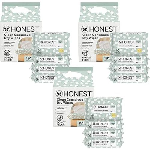 The Honest Company 100% Pure Organic Cotton Dry Wipes, Hypoallergenic, Multi-Use, Baby Facial Cloths, 192 Count (Pack of 3)