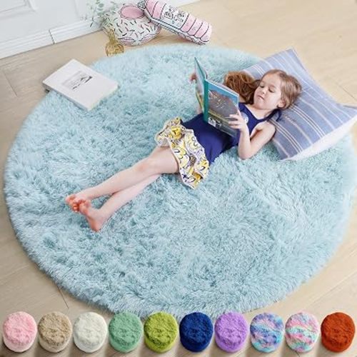 Amdrebio Light Blue Fuzzy Round Circle Area Rug 5Ft for Baby Kids Bedroom
