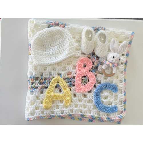 Crochet Baby Blanket Set: crib baby blanket with ABC Applique, Hat and  Booties