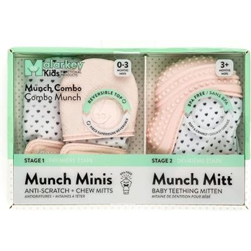 Malarkey Kids Munch Mini Combo Baby Teething Mitt Set (0-7 Months) – Anti-Scratch Newborn Mittens & Silicone Teether Gloves – Self-Soothing Chew Toy with Crinkle Sound – Pink Heart