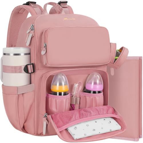 IBVIVIC Diaper Bag Backpack with Portable Changing Pad, Multifunctional Baby Bag for Mom Dad, Large Capacity, Stroller Straps, Insulated Bottle Pockets & Pacifier Case (Blush Pink)