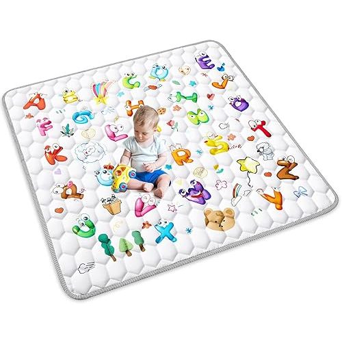 Baby Play Mat for Floor, Safotad 50x50 inch Playmat for Playpen, Non Slip Crawling Mat for Babies and Toddlers Infants Tummy Time Activity, Foldable & Machine Washable, Alphabet Pattern Design