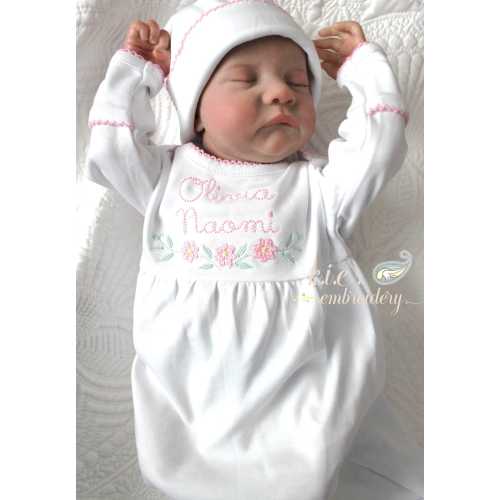 Monogrammed Baby Gown, Embroidered French Knot Flowers, Organic Cotton, Picot Trim