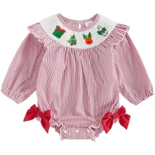 Newborn Infant Baby Girl Christmas Outfit Embroidery Long Sleeve Smocked Bubble Romper Ruffle Bodysuit