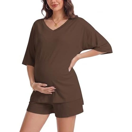 SALNIER Womens Maternity Lounge Set Postpartum 2 Piece Summer Outfit Oversized V Neck Top & Drawstring Shorts Moms Outfits