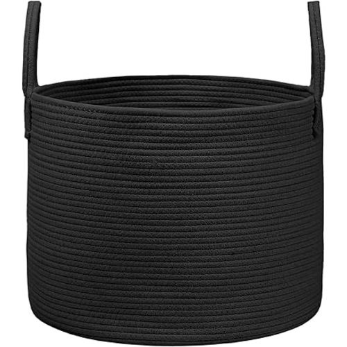 JMvicyroam 65L Extra Large Blanket Basket for Living Room - Woven Cotton Rope Laundry Hamper with Reinforced Handles - Storage Bin for Pillows, Comforters & Toys - Machine Washable,Black