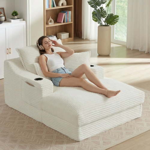 Kosynda 68"D Oversized Chaise Lounge Chair Indoor with Storage, Corduroy Upholstered Boneless Sleeper Sofa Bed with Cup Holder for Living Room, Bedroom, White