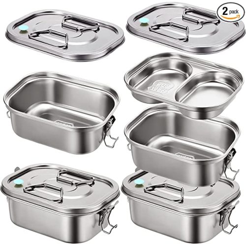 2 Pieces Bento Box Stainless Steel Bento Box Metal Lunch Box Containers Leak-proof For Kids Adults Dual Tiers Metal Lunch Box Container With Airtight Valve Handle BPA Free Dishwasher Safe (Medium)