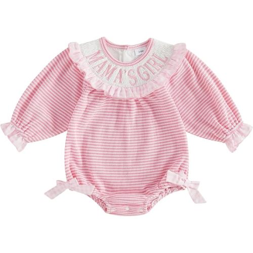 Newborn Baby Girl Fall Outfit Plaid Stripe Romper Letter Embroidery Side Bow Long Sleeve Jumpsuit Infant Clothes