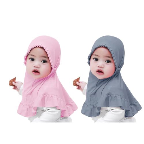 PURFUN 2Pcs Lovely Floral Hijab for Little Girls, Soft One Piece Muslim Scarf Turban Islamic Arab Instant Hijab for 2-6 Yrs