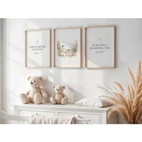 Neutral Christian Nursery Prints Set of 3: Bible Verse Wall Art with Watercolor Christian Nursery Art
