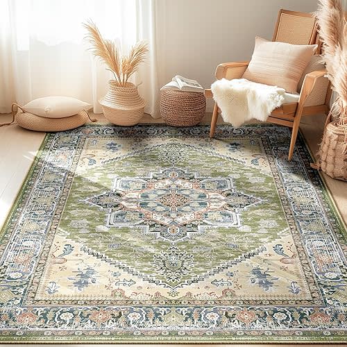 BESTSWEETIE 5x7 Area Rugs for Living Room Washable Non Slip Carpet Low Pile Soft Vintage Print Pattern Rug for Bedroom Dining Room Kitchen Entryway Indoor-Green/Light tan/Blue/Grey