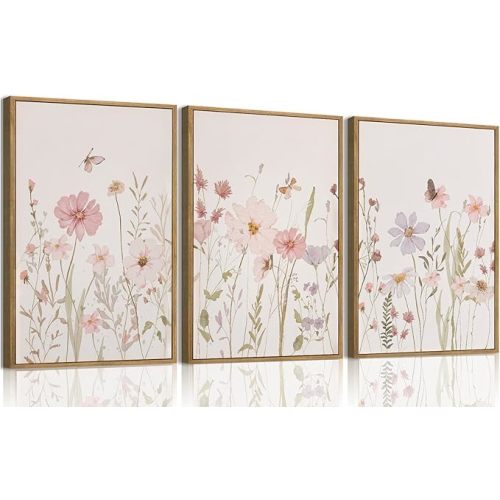 Wodkwq 3 Piece Framed Wall Art Wildflower Wall Decor Botanical Canvas Art Floral Pictures Watercolor Paintings Pink Artwork Prints for Nursery Bedroom Living Room
