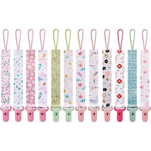12 Pack Pacifier Clips with Adjustable Strap (32-46.5cm)/Short Strap(25.5cm) - Premium Polyester Baby Pacifier Holder Set, Multi-Design Clips for Boys Girls (Multicolor D 25.5cm)