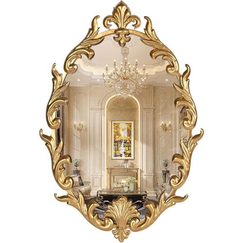 Oval Gold Baroque French Vintage Wall Mirror, 24"x16" Antique Vanity Ornate Decorative Mirror with Metal Frame, Carved Pattern for Living Room, Entryway, Hallway, Bedroom,Bathroom
