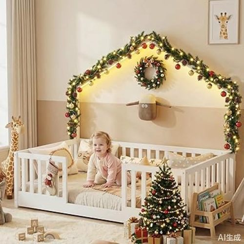 Twin Size Montessori Floor Bed with High Rails, Wood House Beds Frame with LED Light,Low Profile Montessori Bed Twin with Slats for Kids,Boys, Girls, Easy to Assembly, White