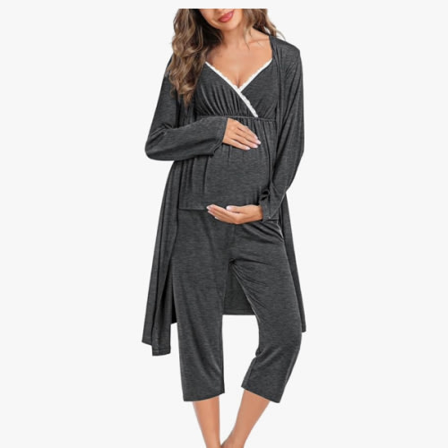 SWOMOG Maternity Nursing Robe Set 3 Piece Breastfeeding Pajamas 3 in 1 Labor Delivery Sleevless Tops&Long Pants Pregnancy Pjs