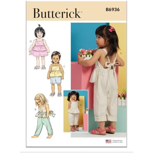 Butterick B6936A Toddlers' Overalls and Dress Sewing Pattern Kit, Design Code B6936, Sizes 1/2-1-2-3-4