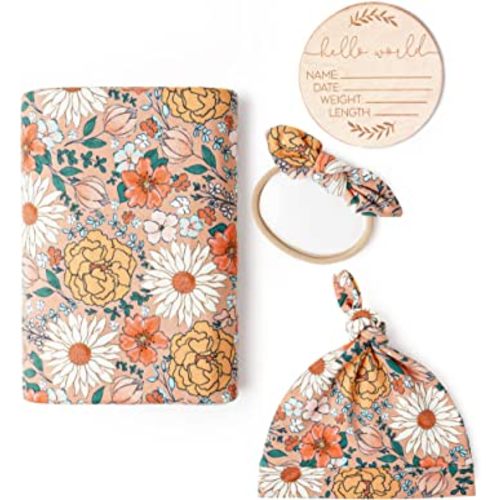 Konssy Baby Girl Newborn Receiving Blanket with Matching Headband and Beanie Set Baby Swaddle Floral Print Nursery Swaddle Wrap