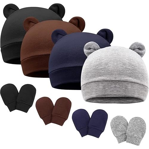 Newborn Baby Hat and Mittens Set Bear Ears Toddler Infant Beanie Caps Newborn Hospital Hat for Baby Boy Girl 0-3 Months