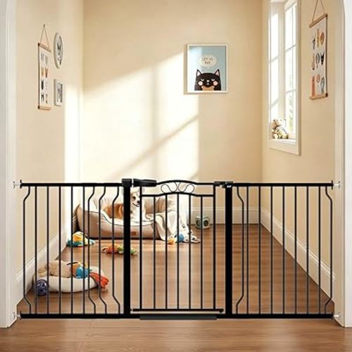Fairy Baby 62.5"-71.6" Extra Wide Baby Gate Pressure Mount, Long Large Dog Gate Indoor Doorways Stairs, No Drill Safety Child Gate for Kids with Double Lock, Walk Thru Pet Gate for Puppy Doggy, Black