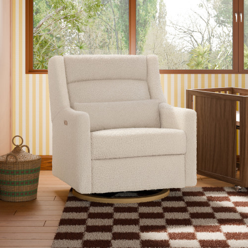 babyletto Kiwi Plus Chair and a Half Power Recliner and Swivel Glider - Almond Teddy Loop With Light Wood Base