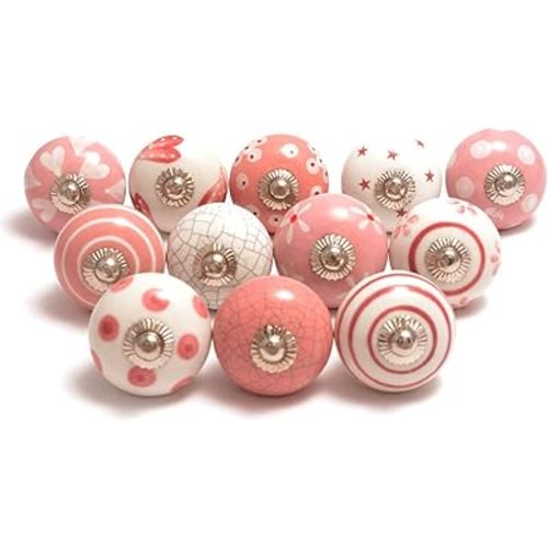 Eleet Assorted Ceramic Knobs Premium Quality Vintage Cabinet Cupboard Door & Drawer Pulls Chrome Hardware (12, Pink & White)