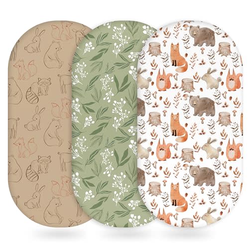 Unnivoll Baby Bassinet Sheets Girl Boy, Fitted Bassinet Sheet Set 3 Pack Bassinet Mattress Sheets Universal Fit for Rectangle, Round, Oval, Hourglass Mattress, Soft Breathable Green & Brown Fox