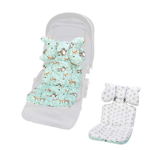 Baby Seat Liner for Stroller-Universal Soft & Breathable Stroller Cushion,Detachable Pillow Car Seat Liner,Cotton Baby Stroller Pad(Green Animal+White Stars)